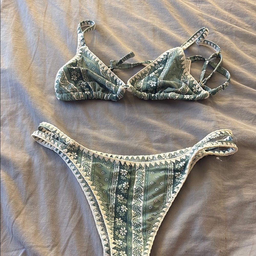 Hollister Green and White Bikini Set